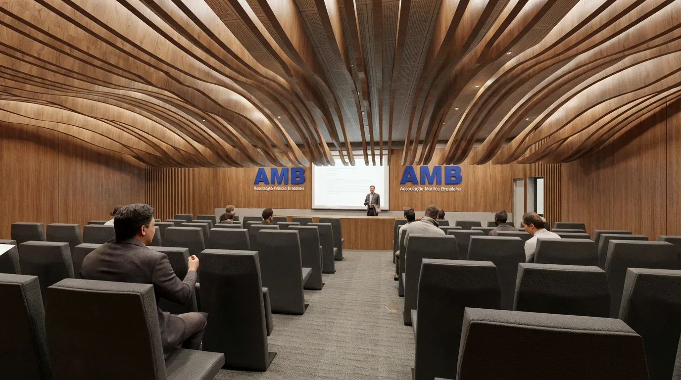 Auditório da AMB com teto ondulado de ripas de madeira e plateia diante do palco