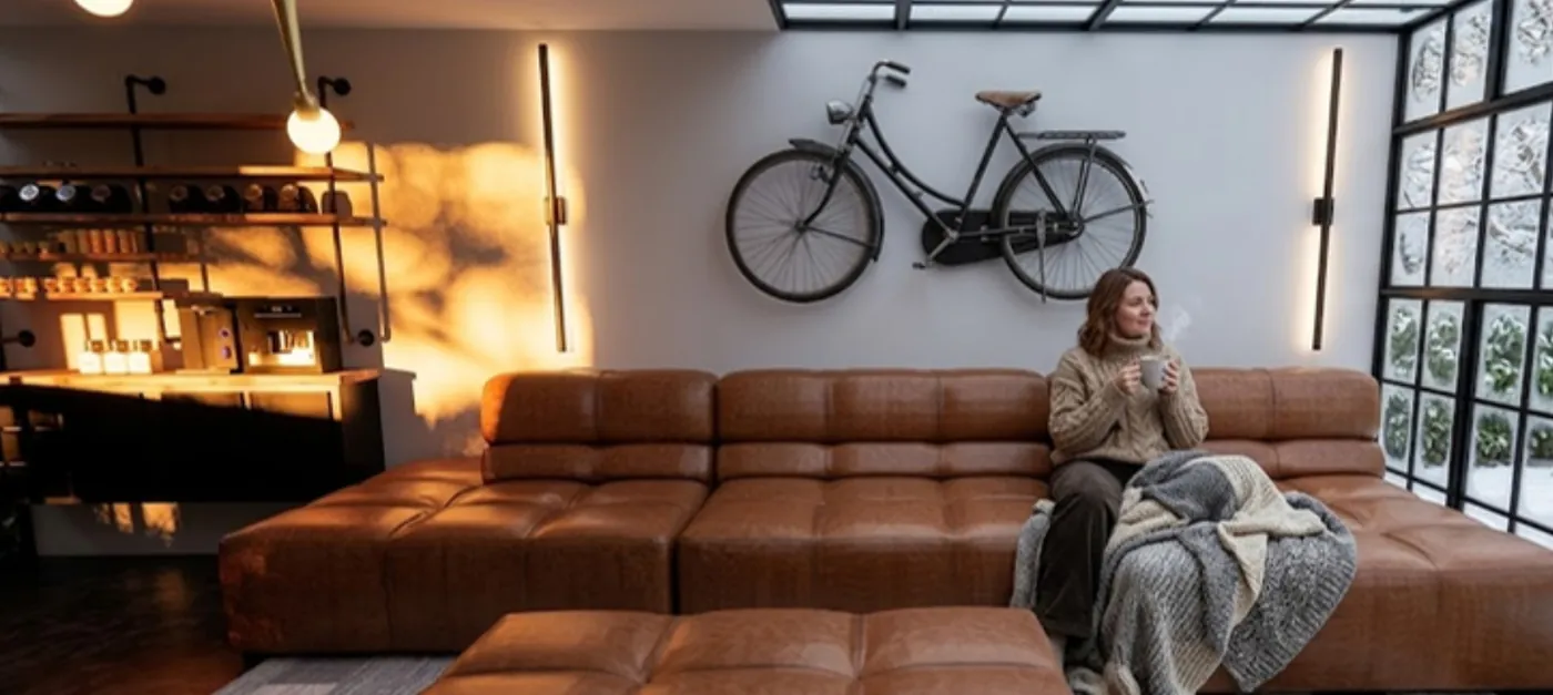 Sala da Casa Inverno com sofá de couro caramelo, bicicleta na parede e janela de esquadria preta
