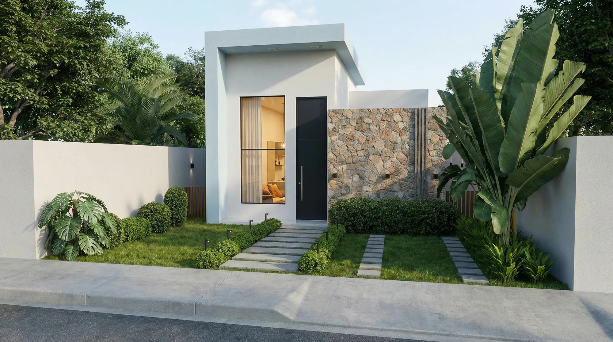 Fachada branca da Casa M com parede de pedra e jardim tropical na frente
